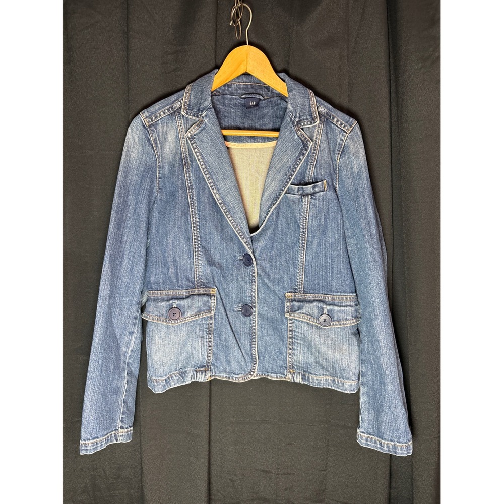 Gap Women Blue Denim Blazer Jacket Size 12 Medium Wash 2 Button Flap Pockets